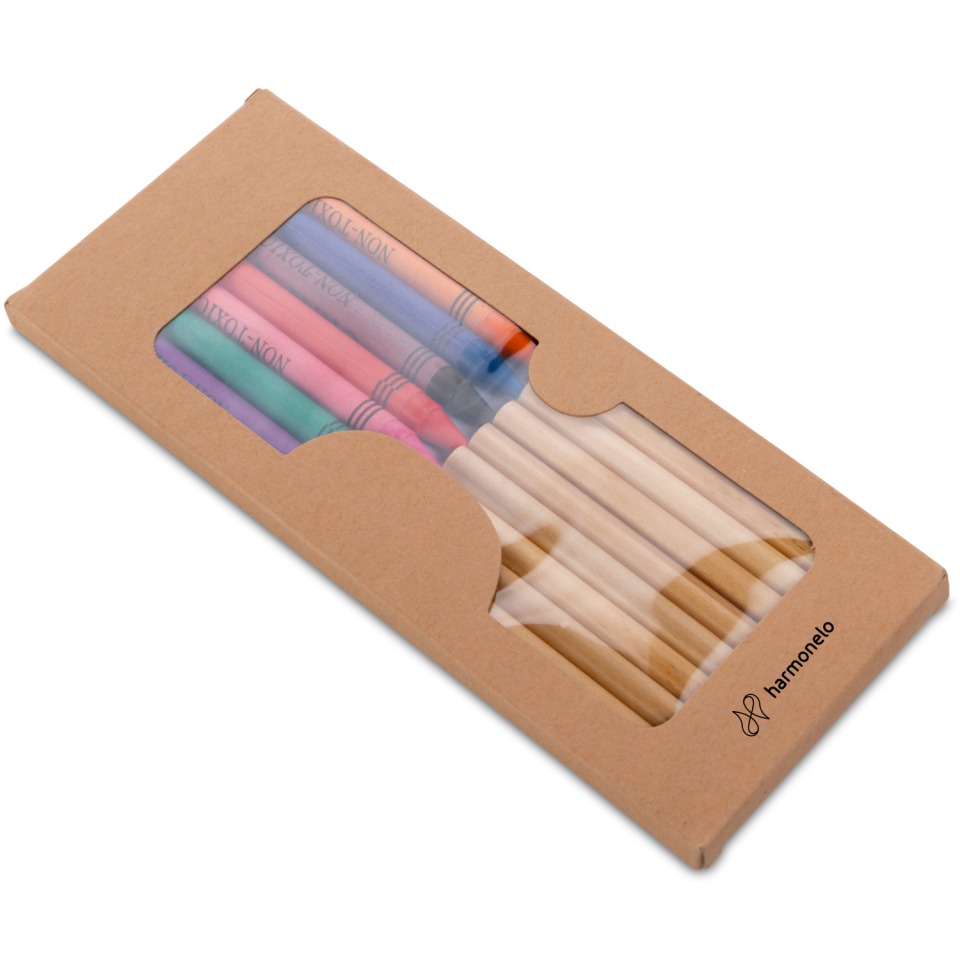 A set of crayons and wax crayons